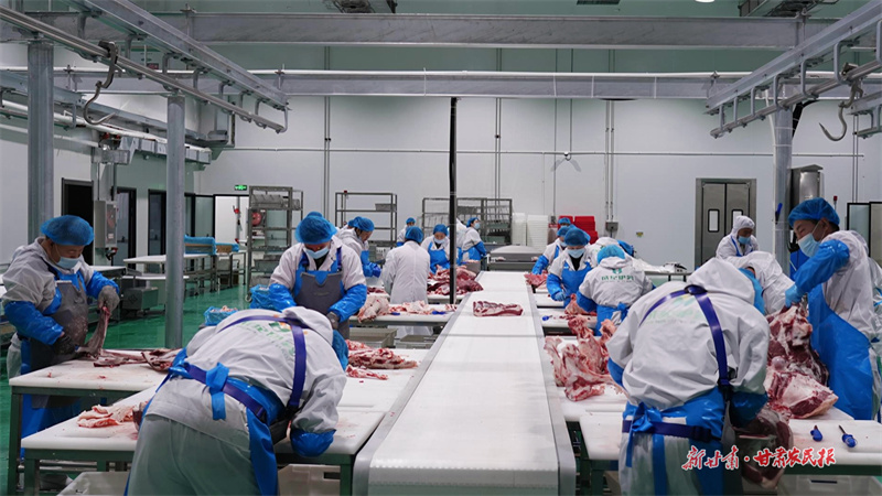 工人們正在分割牛肉